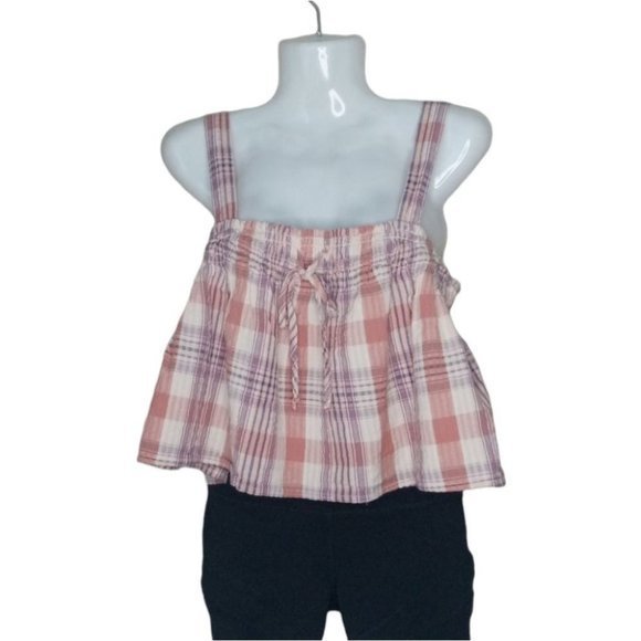 American Eagle Outfitters Plaid Coral Crop Tank Top Summer Boho Blouse AEO Pink‎ - Picture 1 of 5